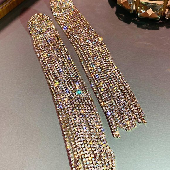 Gold Preppy Womens Rhinestone Tassel Drop Earrings - Picture 2 of 3